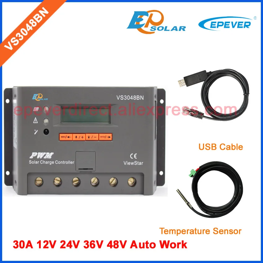 

PWM EPEVER Free shipping 30A 30amp VS3048BN 12v/24v/36v/48v controller for solar panel system use with USB cable and sensor
