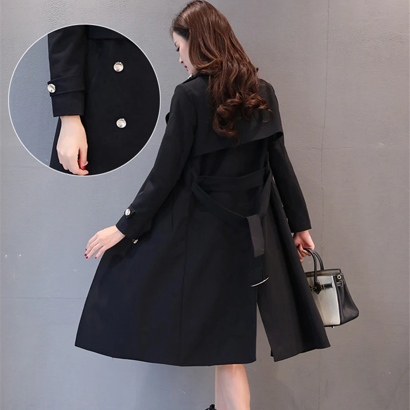 2019 Демисезонный длинный плащ пальто женское элегантное двубортное девушки с