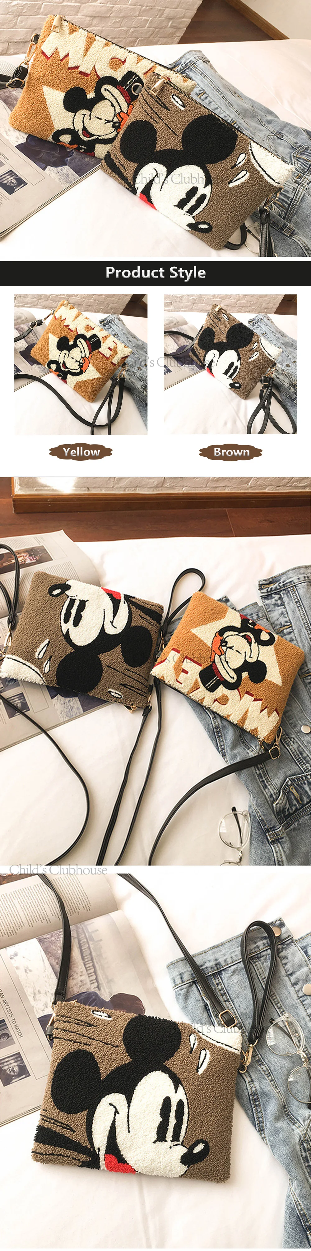 Плюшевый рюкзак disney с Микки Маусом, женская сумка-мессенджер, женские сумки через плечо, короткие плюшевые сумки-клатчи для девочек