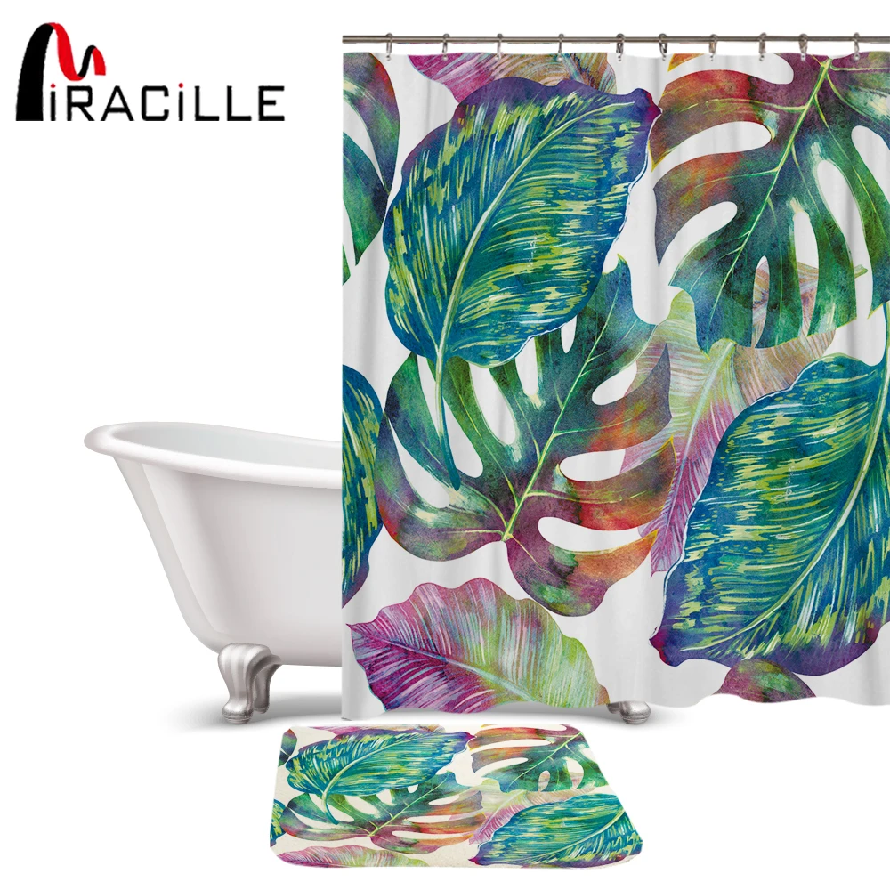 

Miracille Creative Green Tropical Plant Printed Shower Curtain Set Waterproof Polyester Fabric Curtain and Anti-slip Bath Mat