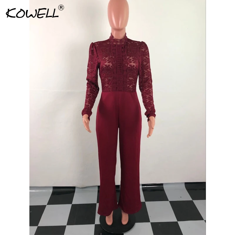 

Women Stand Neck Lace Jumpsuits Long Sleeve Jumper Night Club Rompers Womens Jumpsuit Sexy Perspective Wide Leg Female Overalls