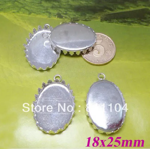 

18x25mm Silver Plated Copper Oval Blank Crown Trays Bases Bezels w/ Loop Pendant DIY Cameo CABs Jewelry Findings Wholesale