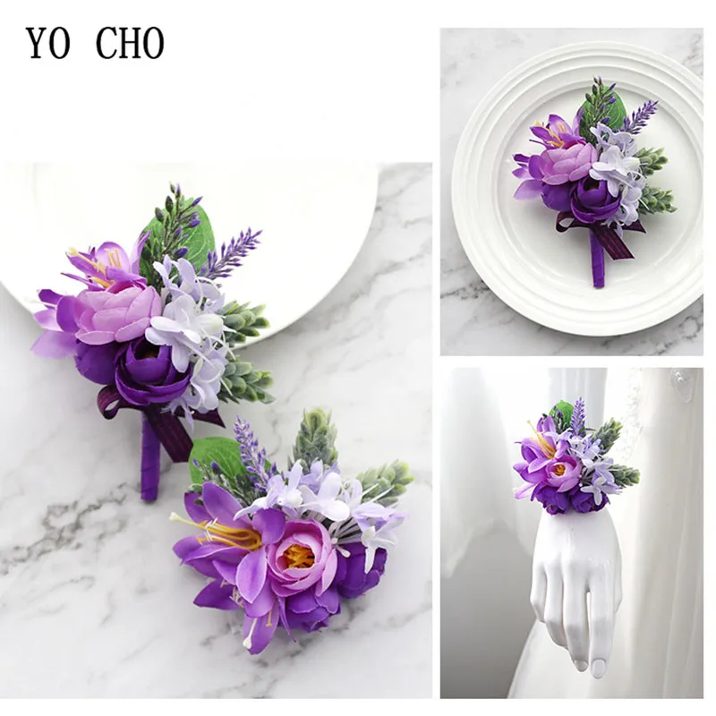 

YO CHO Wedding Boutonniere Wrist Corsage Bracelet Bridesmaid Men Corsage Purple Silk Roses Orchid Marriage Prom Wedding Supplies