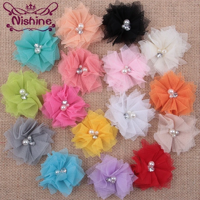 Nishine 10 шт. 6 5 см 16 цветов DIY мягкие шикарные сетчатые цветы для волос стразы + жемчуг