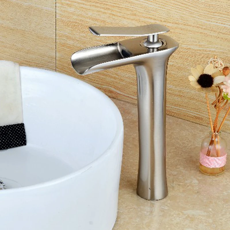Chrome Plated High Waterfall Basin Mixer Tap Bathroom Brass Material Zinc Handle Single Hole Deck Mounted Faucet AT7206H | Обустройство