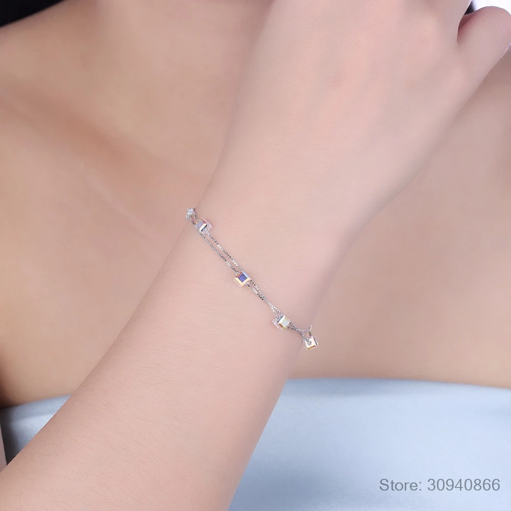 LEKANI Square Crystals From SWAROVSKI 925 Silver Double Chain Link Bracelet Bangles Beads Accessories For Women Fine Jewelry