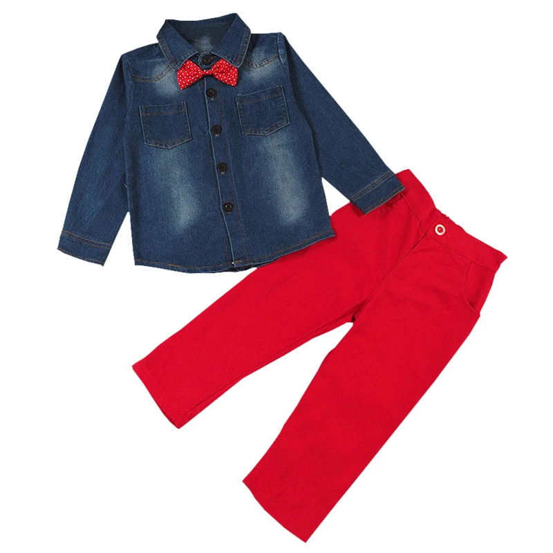 2PCS/3-8Years/2017 Spring Autumn Baby Boys Suits Toddler Clothes Casual Denim Shirt+Red Pants+Tie Children Clothing Sets BC1398 |