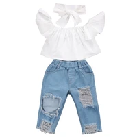 toddler girls kids clothes sets off shoulder tops short sleeve denim pants jeans headbands 3pcs outfits set clothing