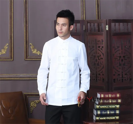 Летняя Новинка белая Китайская традиционная Мужская рубашка с воротником