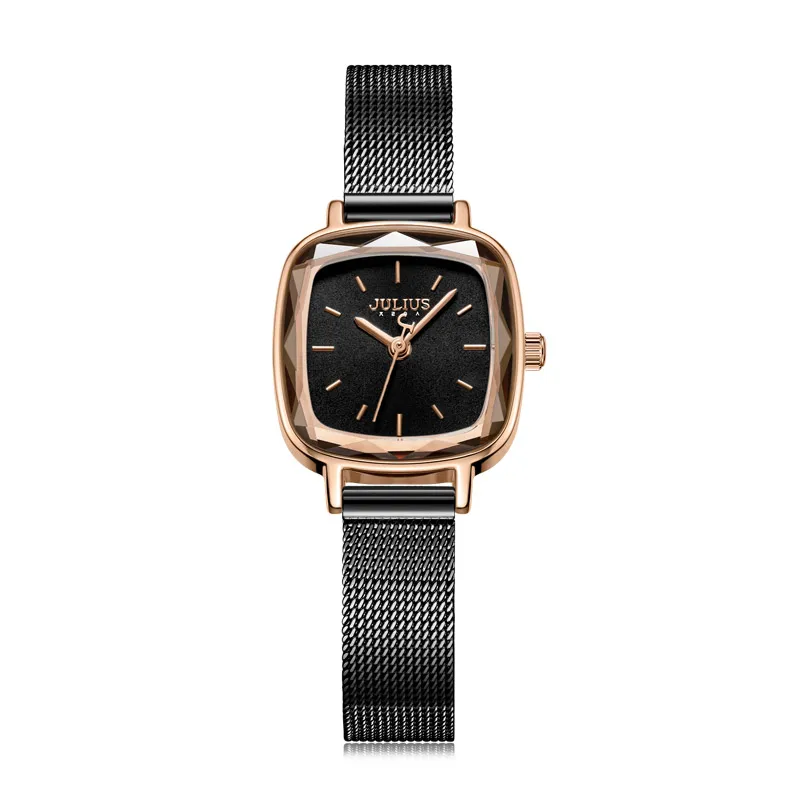 Элегантные квадратные женские часы Miyota Mov't Lady Hours Fine Fashion часы браслет из нержавеющей стали подарок на день рождения девушки Julius Box - Цвет: Черный