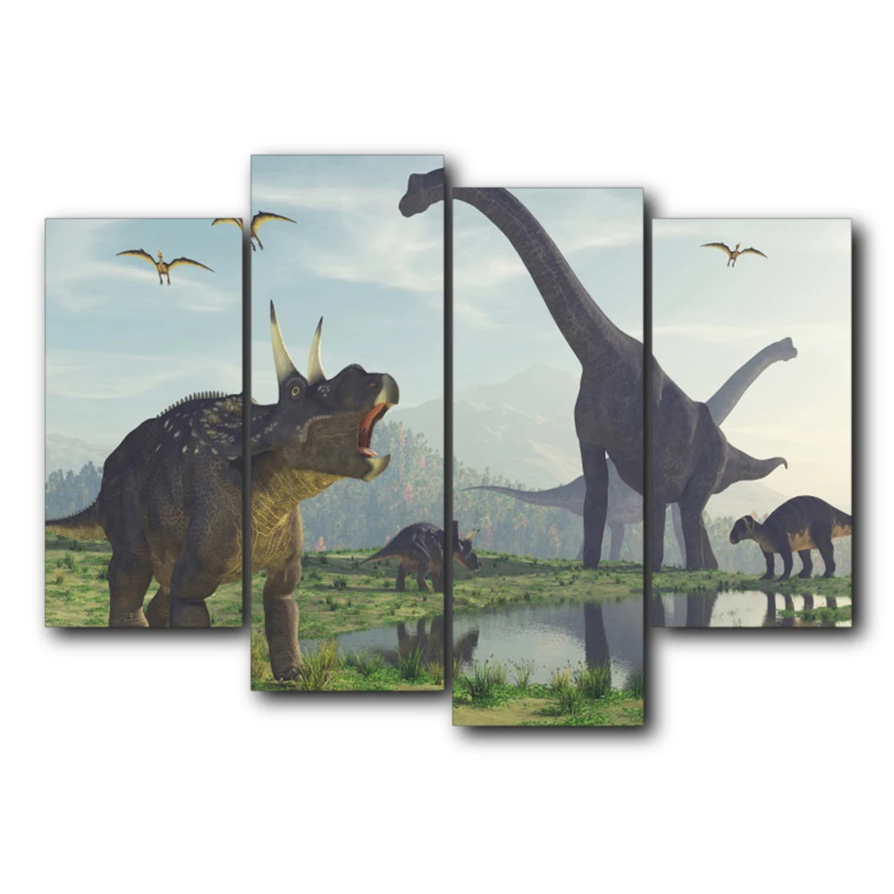 Laeacco Canvas Painting Calligraphy Jurassic World Dinosaur 4 Panel Wall Artwork Posters and Prints Home Decoration Pictures | Дом и сад