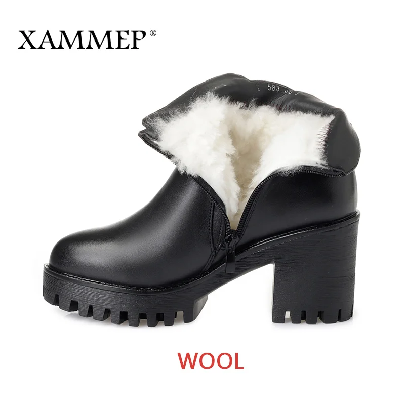 Black-wool Женская зимняя обувь; женские ботинки из натуральной кожи и натуральной шерсти; Брендовая женская обувь; высококачественные плюшевые ботильоны на платформе; Xammep - Цвет: Black-wool