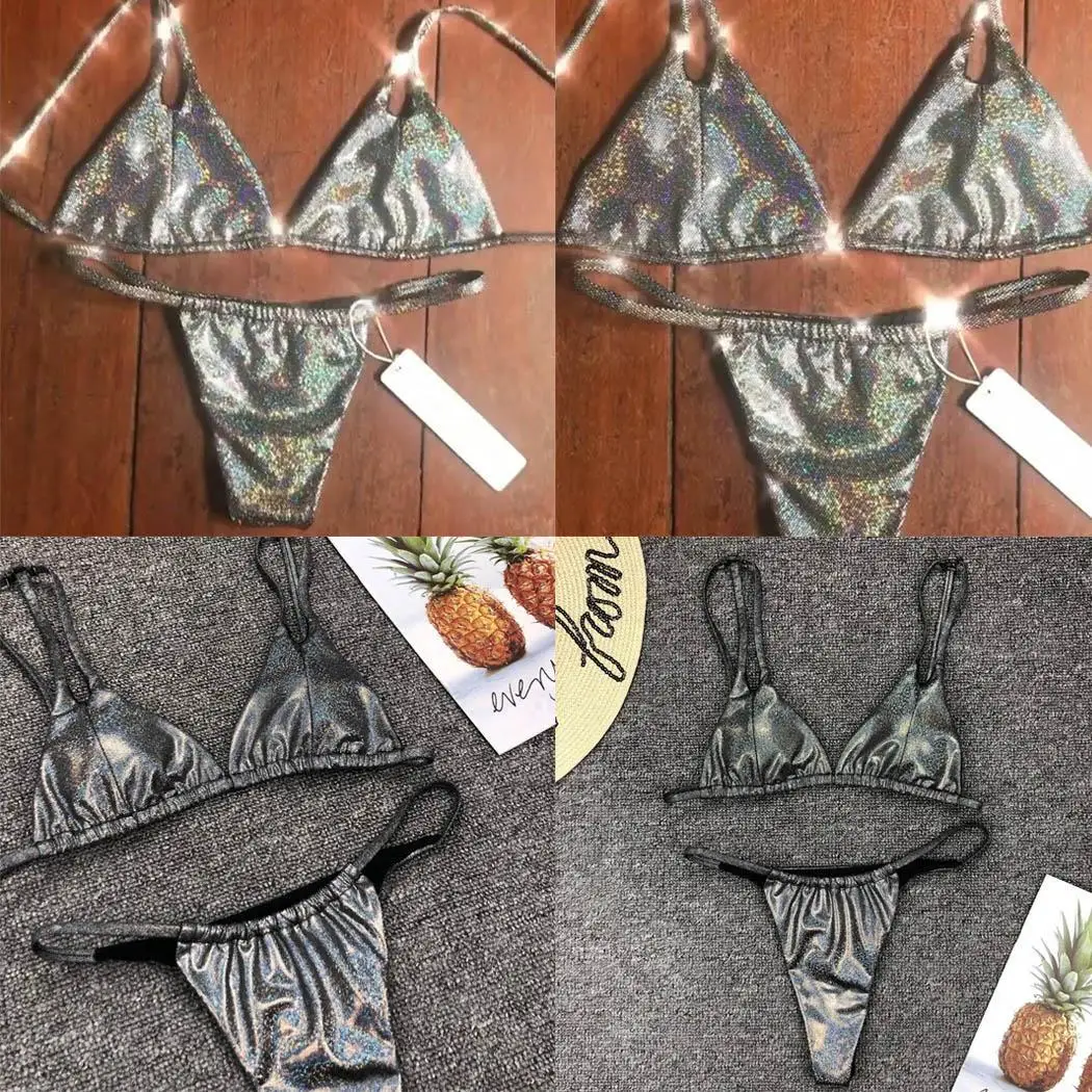 Women V Neck Adjustable Spaghetti Strap Bottom Yes Glitter Bikini Set Swimsuit Summer Fashion Beach Wire Free |