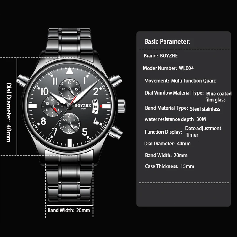 

BOYZHE Relogio Masculino Mens Watches Top Brand Luxury Quartz business Chronograph Watch Waterproof Wristwatch relojes hombre