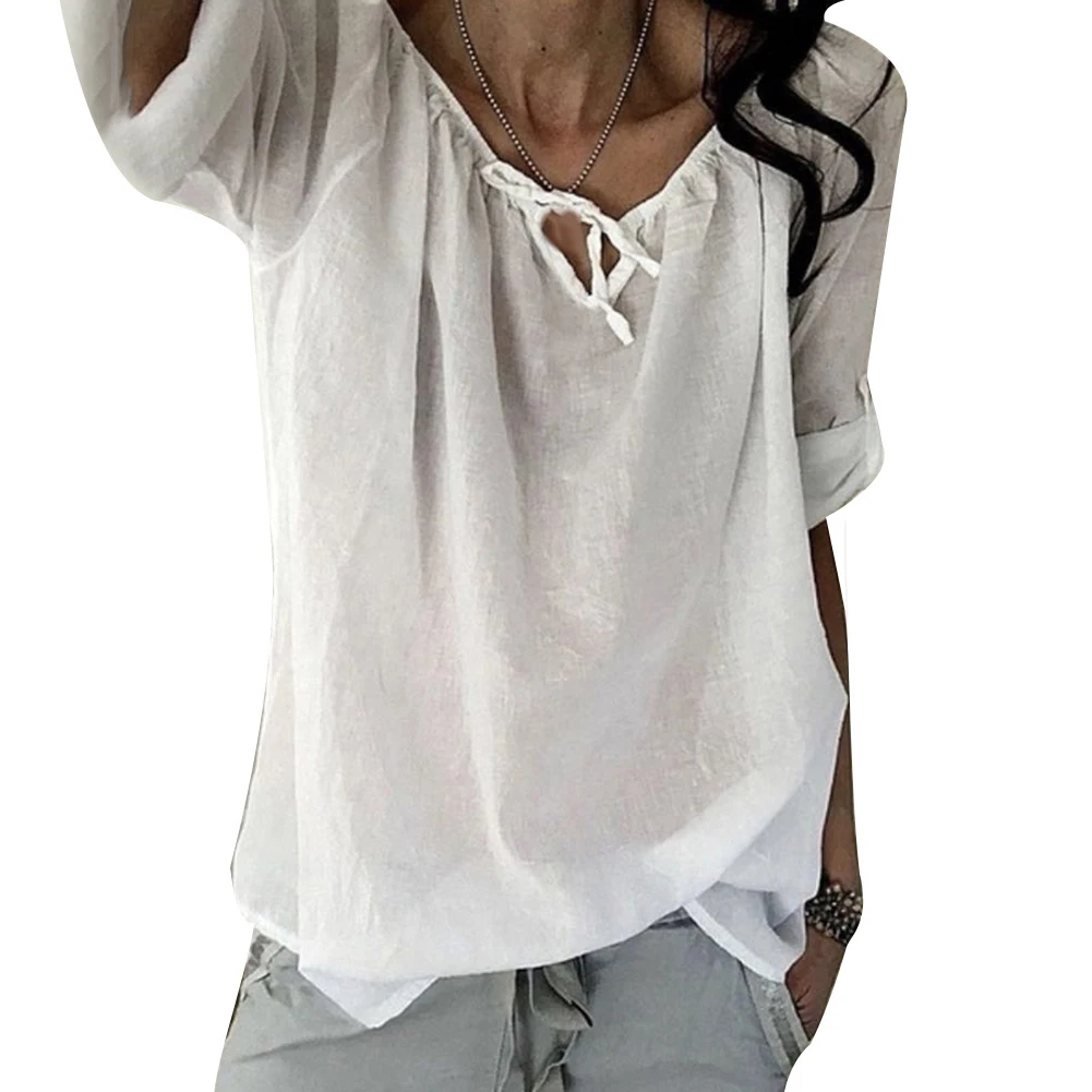 Большие размеры однотонная женская Повседневная Свободная блузка с v образным
