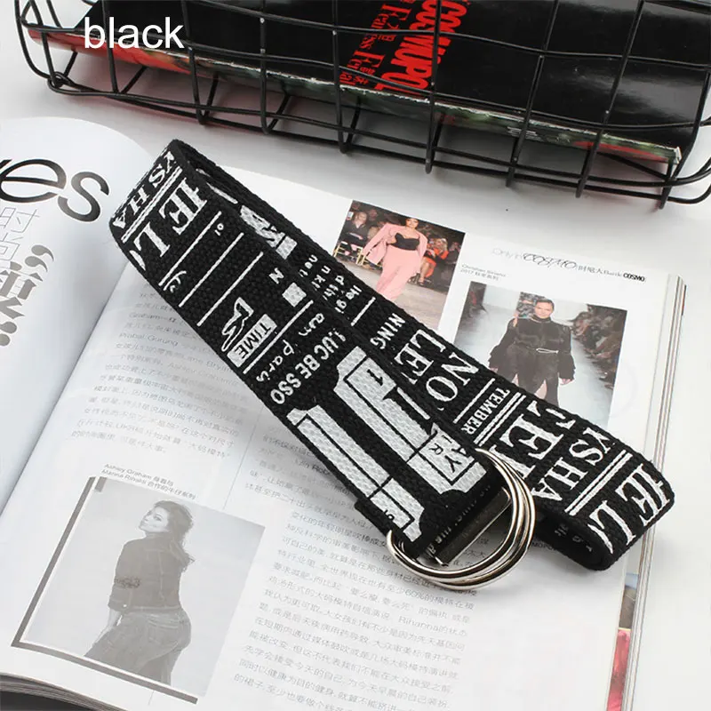 Fashion Long Canvas Belt For Unisex Literary Wind Letter Print Belts Trend Student Harajuku Wild Jeans Belt Double D Ring Belts