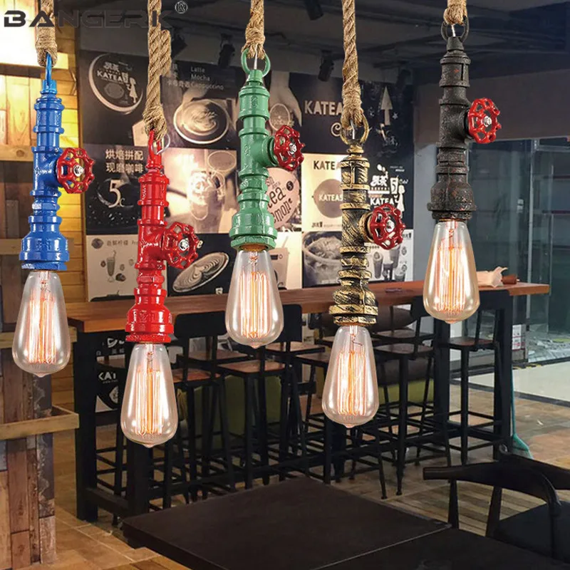 Vintage Industrial Water Pipe Pendant Lamp Loft Rope Hanging Lamps LED Edison Lights Lighting Home Decor Fixtures | Лампы и освещение