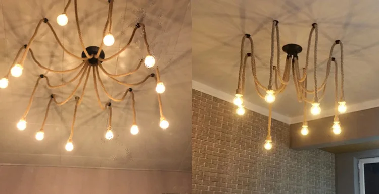 Винтажная люстра из пенькового каната старинные классические регулируемые DIY паук лампа Потолочный Ретро подвесной светильник для ресторана бара дома