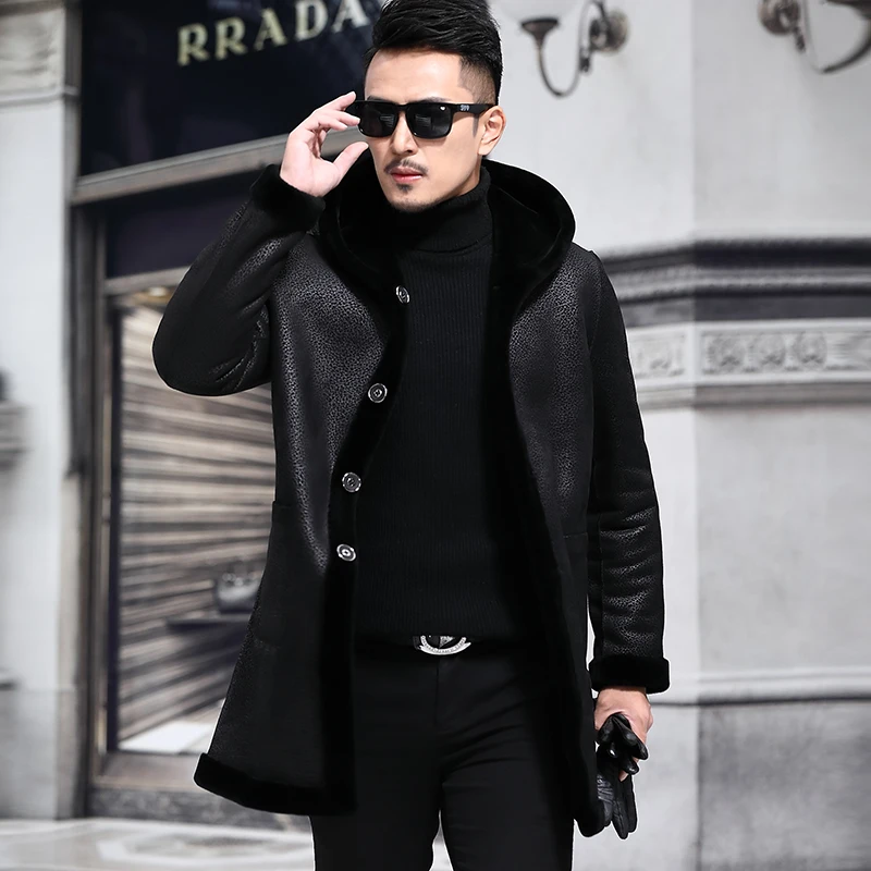 2018 new Haining fur men's double faced sheep's sheared coat medium length leather jacket male P1180 | Мужская одежда