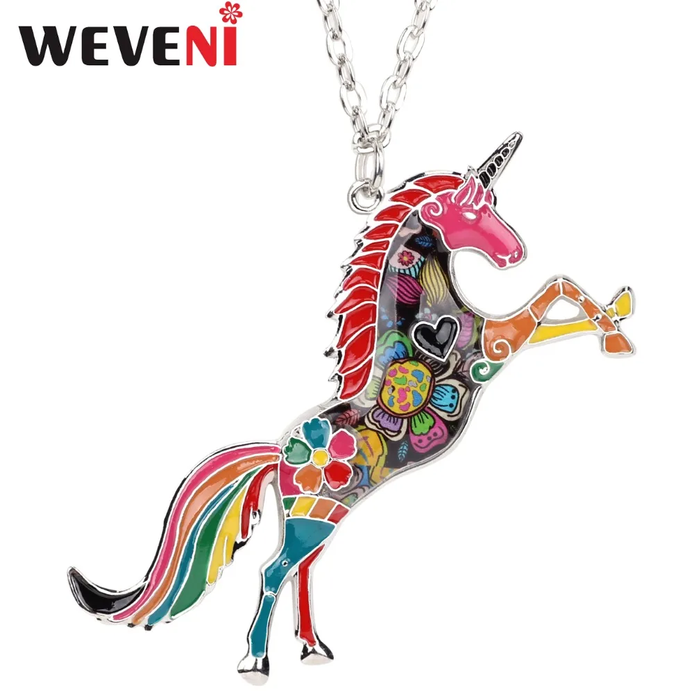 

WEVENI Original Statement Enamel Unicorn Horse Necklace Pendants With Specular Effect Chain Collar Jewelry Accessories For Women