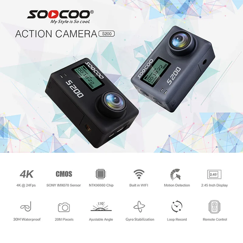 SOOCOO S200 Спортивная Экшн камера Ultra HD 4K 20MP NTK96660 Chip Cam IMX078 сенсор WiFi Gryo Голосовое