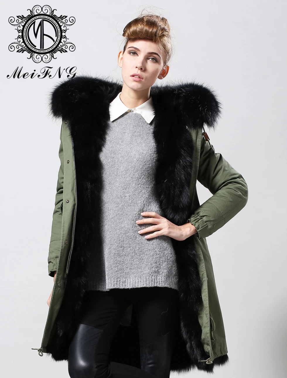 Зимняя Модная парка с искусственным мехом черного цвета зеленая/темно