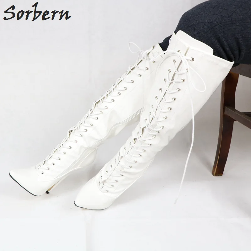 Женские сапоги до колена Sorbern белые на высоком каблуке 18 см с острым носком