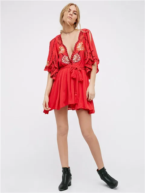 Женское платье с вышивкой повседневное мини V образным вырезом и рукавами