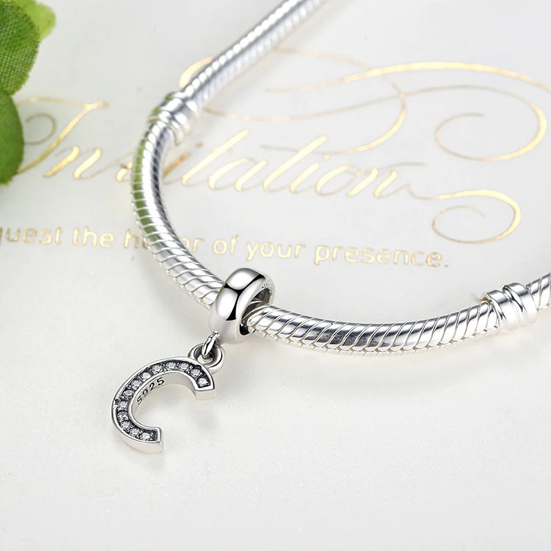 925 стерлинговый серебряный с большим отверстием сверкающие буквенным принтом С