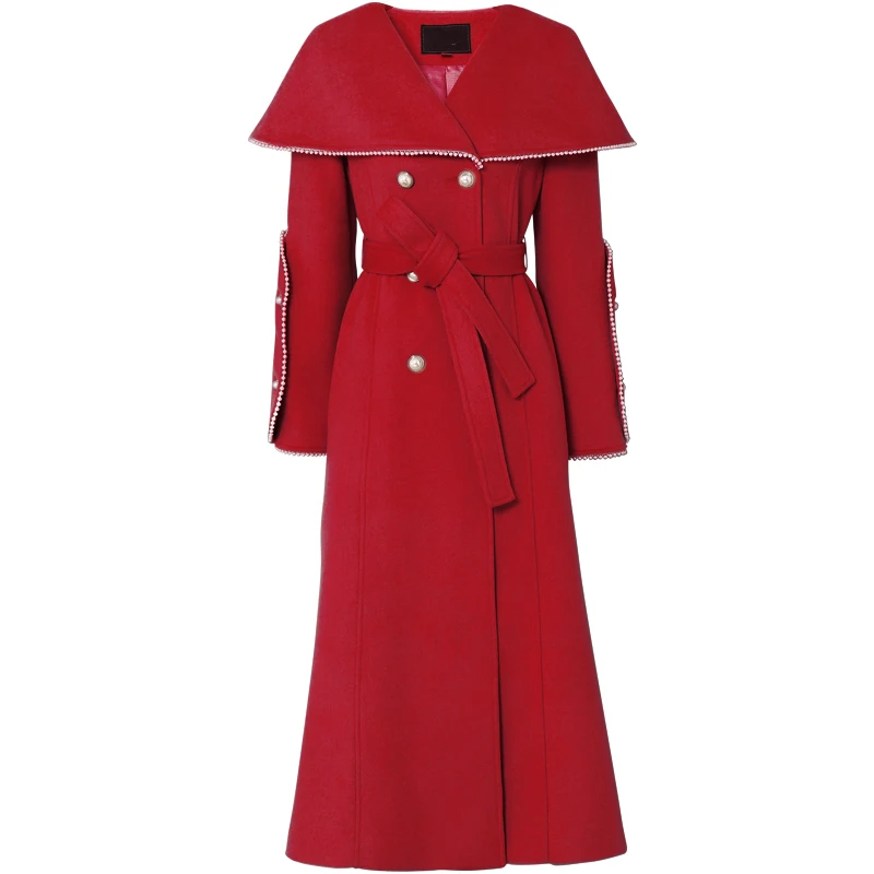 Vintage 2018 autumn winter fashion long outerwear ladies elegant Double breasted Belted wool coat cloak Red Woolen Blends AB115 | Женская