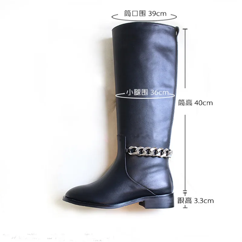 Newest Real Leather Black Motorcycle Boots Woman Round Toe Silver Chain Knee High Boots Women Fashion Shoes zapatos mujer 35-41
