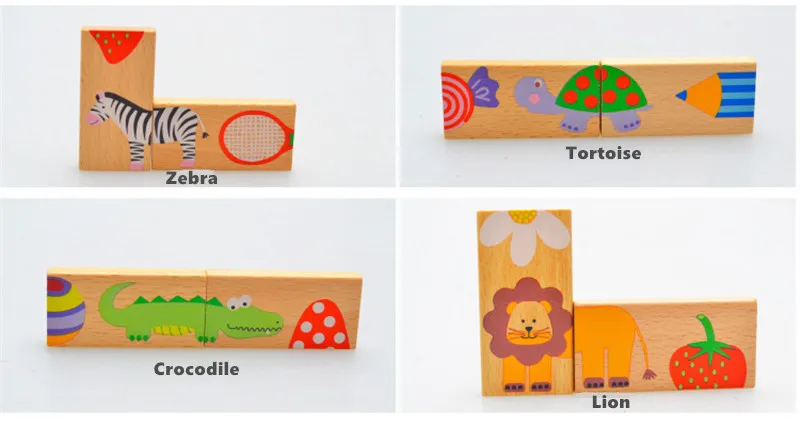 Cute 28pcs/set baby Wooden Dominoes Block Cartoon Animal Colored Jigsaw Tangram children Educational Toys for child domino game