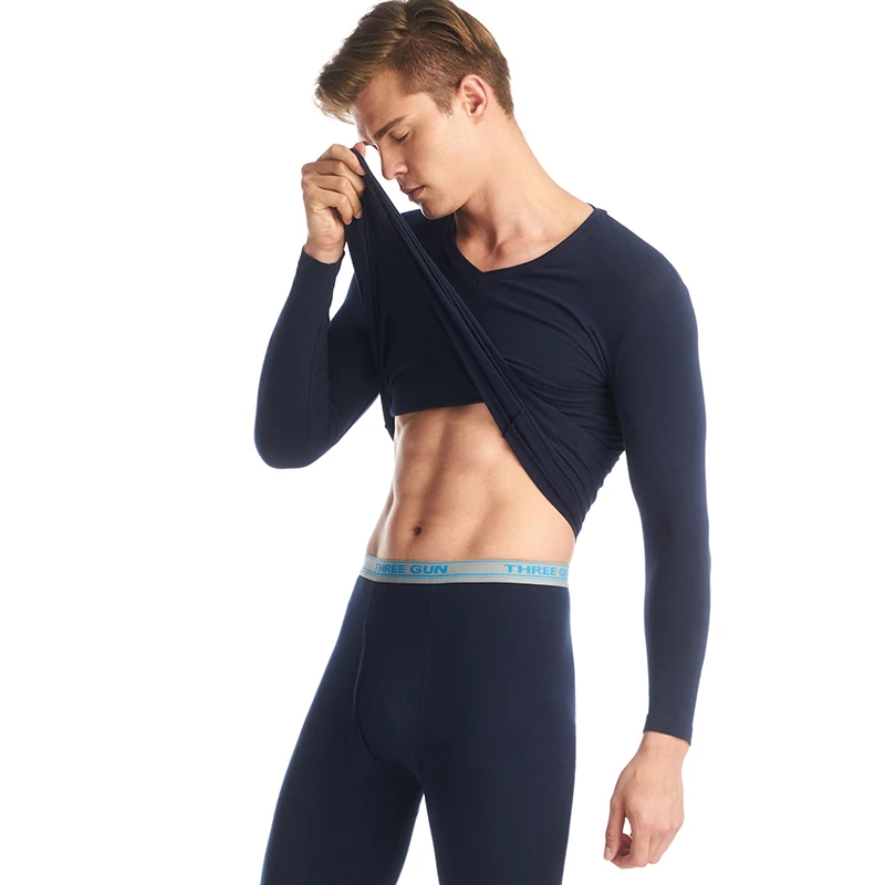 Navy (V- Neck) THREEGUN Нижнее белье лайкры термобелье мужское V- Шея Термическое нижнее белье Модный пояс термобелье мужское зимнее Теплый джон термопредохранитель лосины мужские пижама рубашка+ Штаны комплект из 2 предметов теплый - Цвет: Navy (V- Neck)