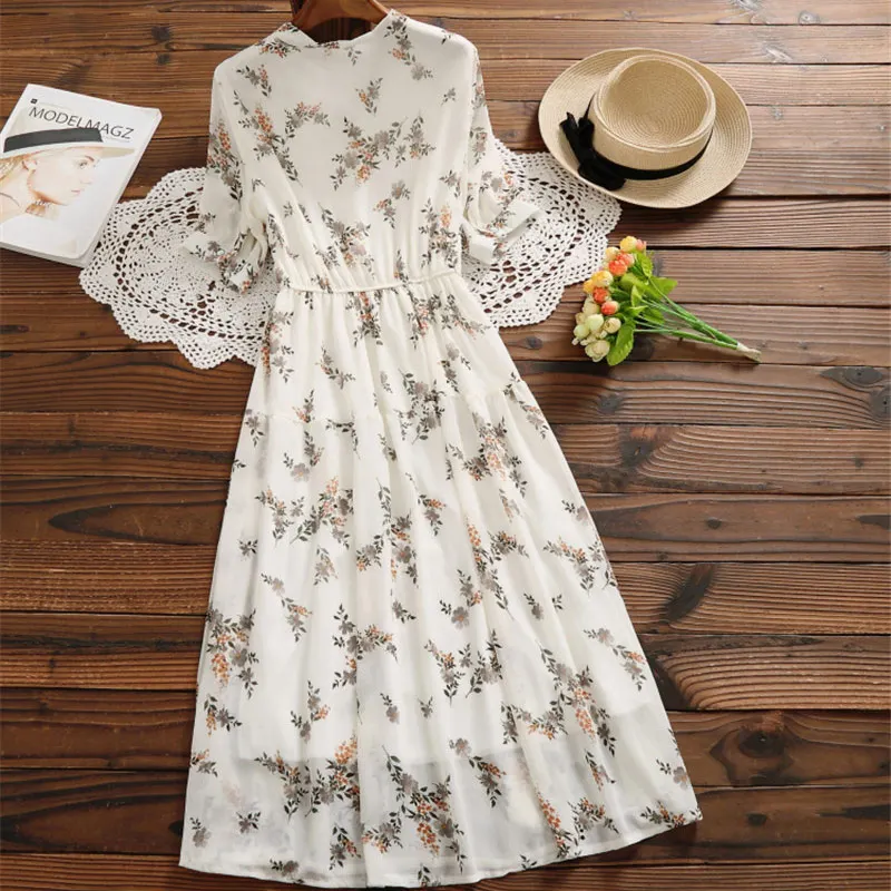 Summer Chiffon Dress 2019 Women Floral Print Long Maxi Korean Fashion Short Sleeve Pleated Beach Sundress Vestidos | Женская одежда