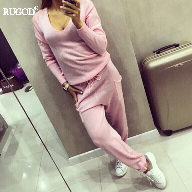 Женский спортивный костюм Rugod с V образным вырезом однотонный трикотажный свитер