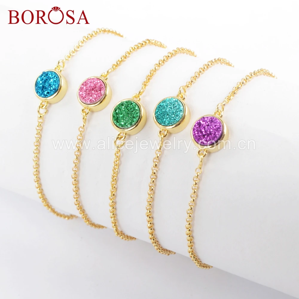 

BOROSA 5/10PCS Daily Handmade Women Bracelets Round Titanium Rainbow Druzy Chains Bracelet for Holiday ZG0368