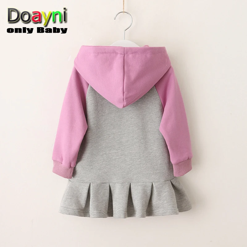Doayni Baby Autumn Hooded Cartoon Rabbit Sweater Stitching Long Sleeve Dress Activites Girls Clothing Purple Yellow | Детская одежда и