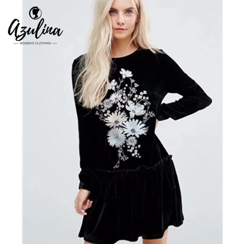 ZAFUL Платье Женский Круглый Воротник С Длинным Рукавом Цветочная Вышивка Женское