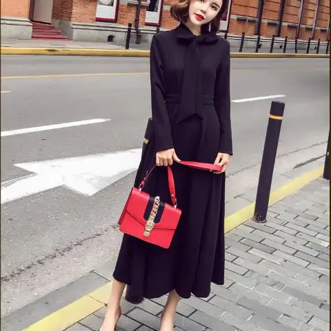 Винтажное зимнее 2018 элегантное женское платье в Корейском стиле черные женские