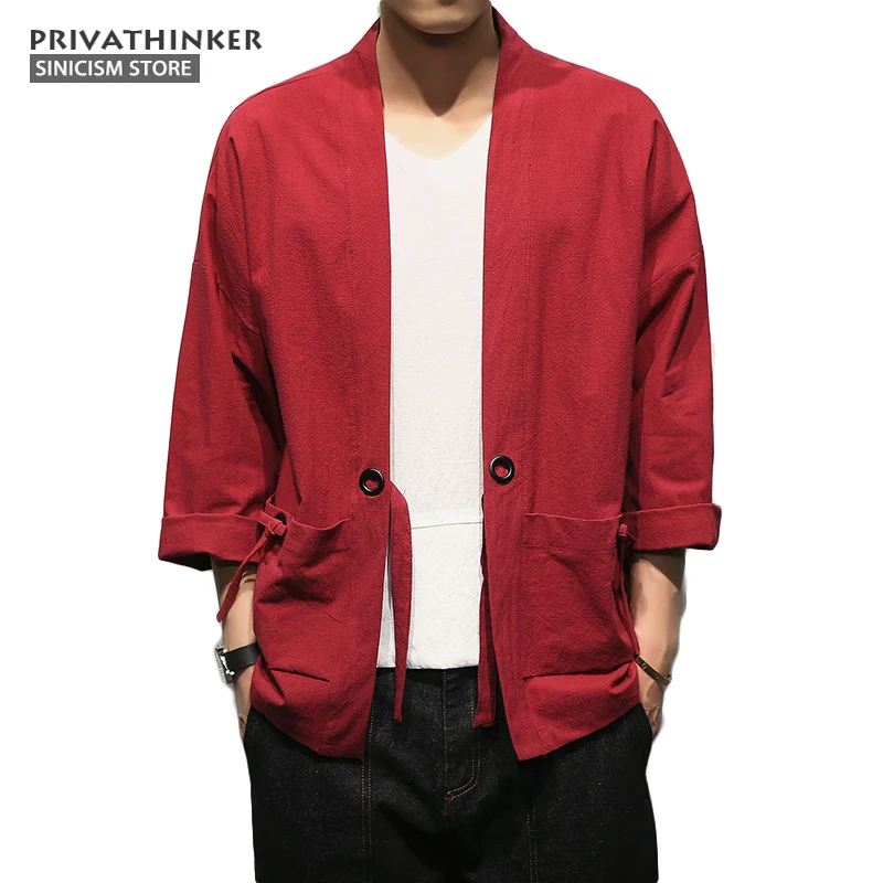 Мужская рубашка из хлопка и льна Sinicism Store Традиционная рубашка-кимоно с открытым