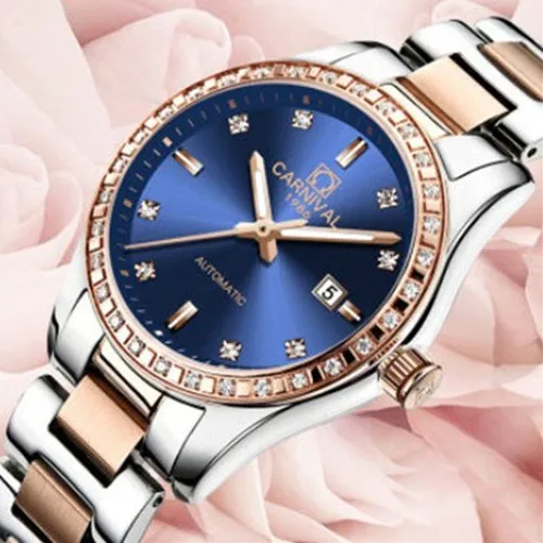 Rose gold blue C8005 Карнавал модные роскошные женские часы Сапфировая звезда автоматические механические часы женские светящиеся Relogio Feminino reloj mujer Часы - Цвет: Rose gold blue C8005
