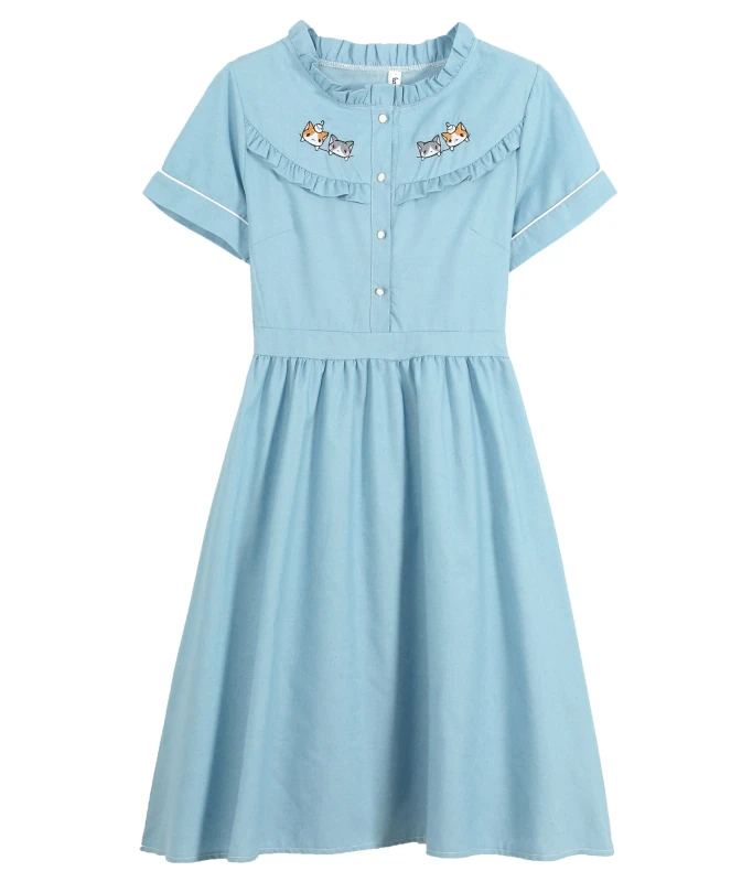 Женское джинсовое платье Mori girl винтажное летнее с коротким рукавом и вышивкой в