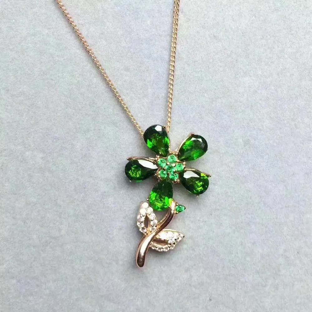 

natural green diopside gem pendant S925 silver Natural gemstone Lucky Dancing flowers Pendant Necklace girl party gift jewelry