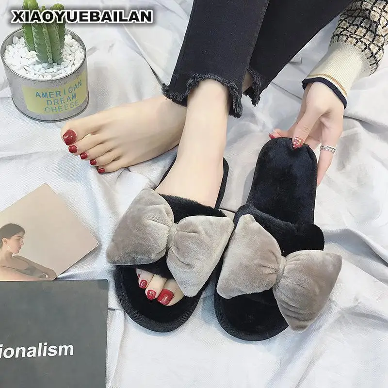 2018 осень зима меховые тапочки женская одежда большой бант галстуки модные