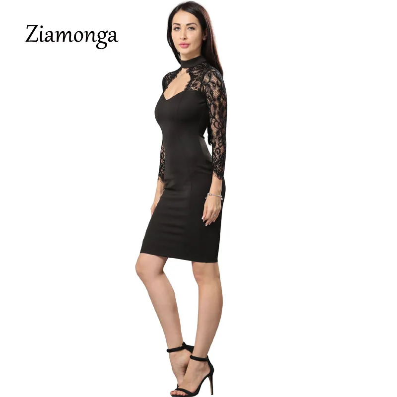 Ziamonga Turtleneck Long Sleeve Midi Lace Dress Sexy Club Bandage Bodycon 2017 Autumn Winter Black Women Party Dresses | Женская одежда