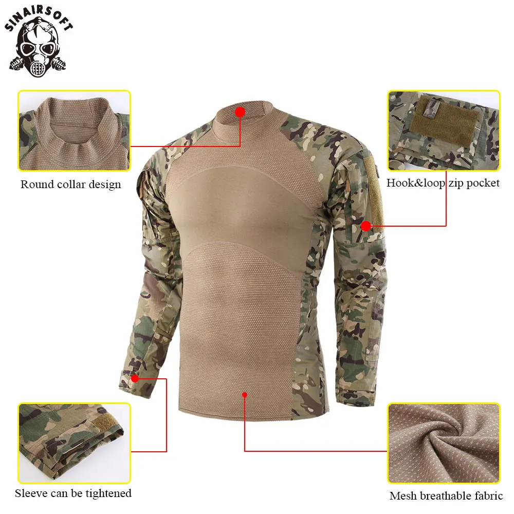SINAIRSOFT армии США Военная форма Тактический футболка с длинным рукавом Хлопок