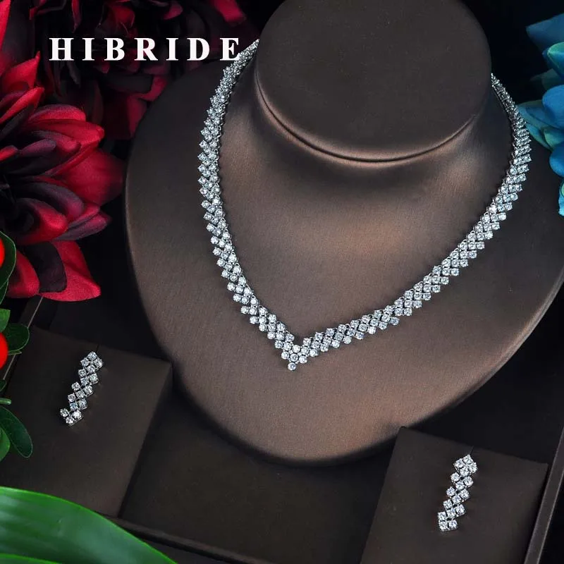 

HIBRIDE Charm Luxury Round CZ Jewelry Sets For Women White Gold Color Necklace Earrings Bijoux Set parure bijoux femme N-591