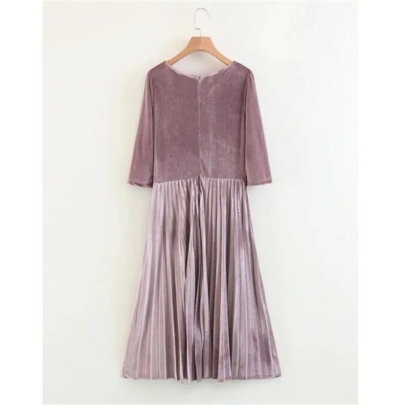 Бархат плиссированное платье винтажные женские 2018 весна 3 четверти рукав модные