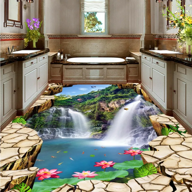 

Free Shipping 3D Fracture Cliff Falls Lotus Sky Skyway Aisle Floor thickened bathroom kitchen flooring wallpaper mural