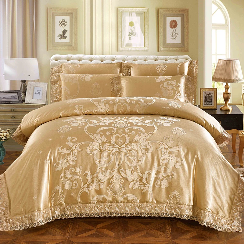 

Роскошные комплекты постельного белья серебристого и золотого цвета, Королевский размер, кружевной Шелковый Атласный хлопковый комплект п...
